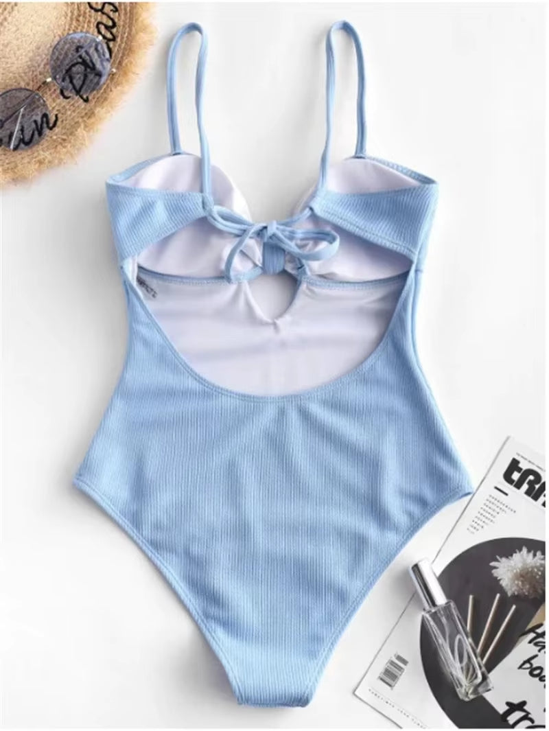 Swimwear Women Front Tie Push up Padded One Piece Swimsuit Deep V Neck Bathers Bathing Suit Backless Swimming Suit Monokini