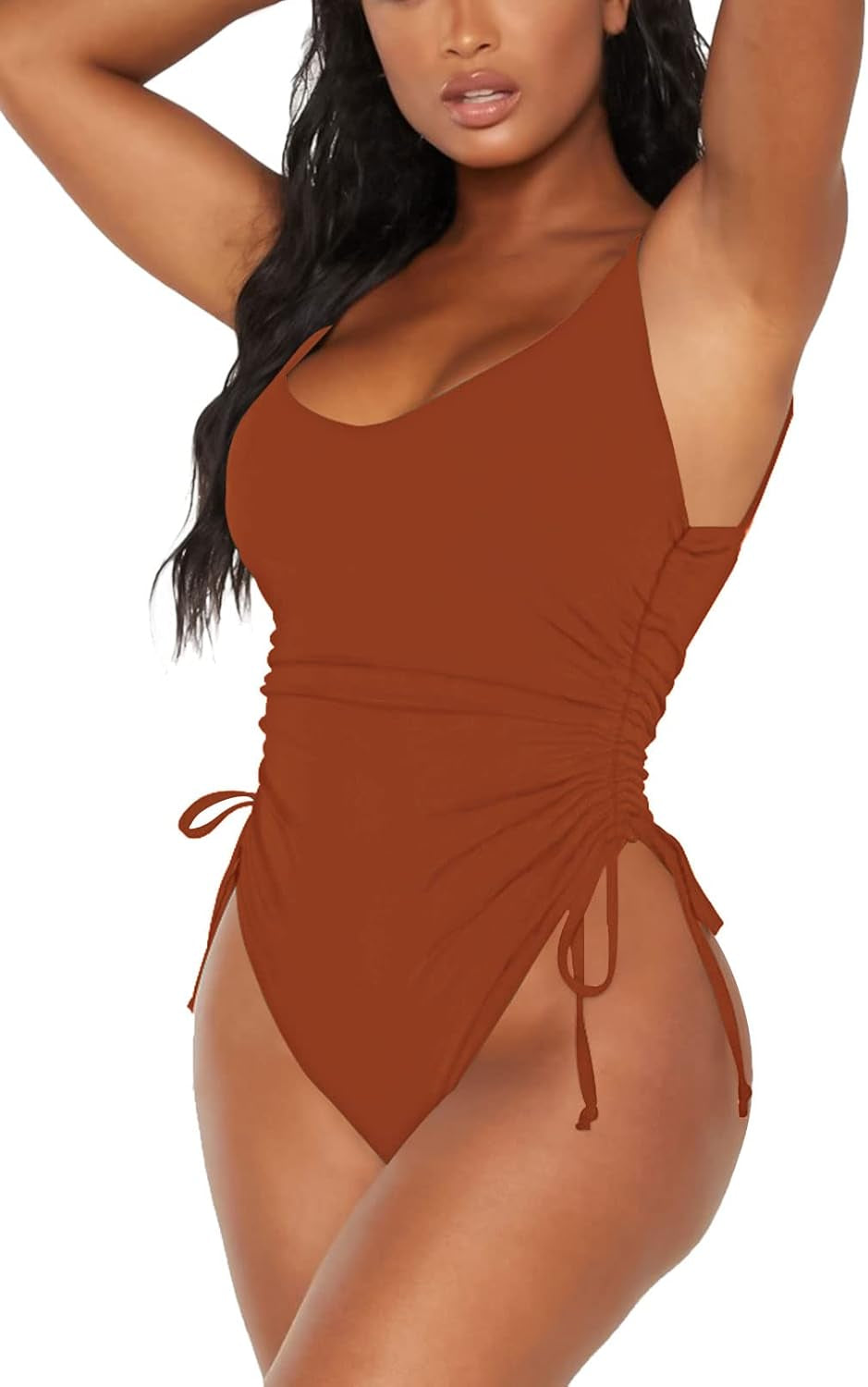 Women'S Ruched Drawstring One Piece Swimsuit Tummy Control Bathing Suit Burnt Orange X-Large