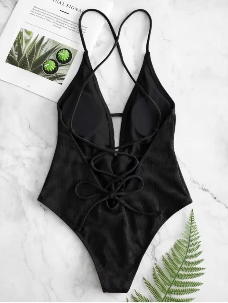 Swimwear Women Front Tie Push up Padded One Piece Swimsuit Deep V Neck Bathers Bathing Suit Backless Swimming Suit Monokini