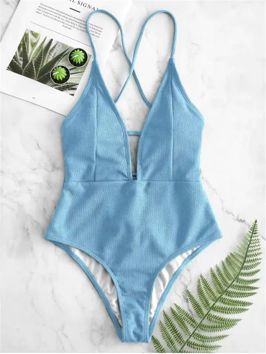 Swimwear Women Front Tie Push up Padded One Piece Swimsuit Deep V Neck Bathers Bathing Suit Backless Swimming Suit Monokini
