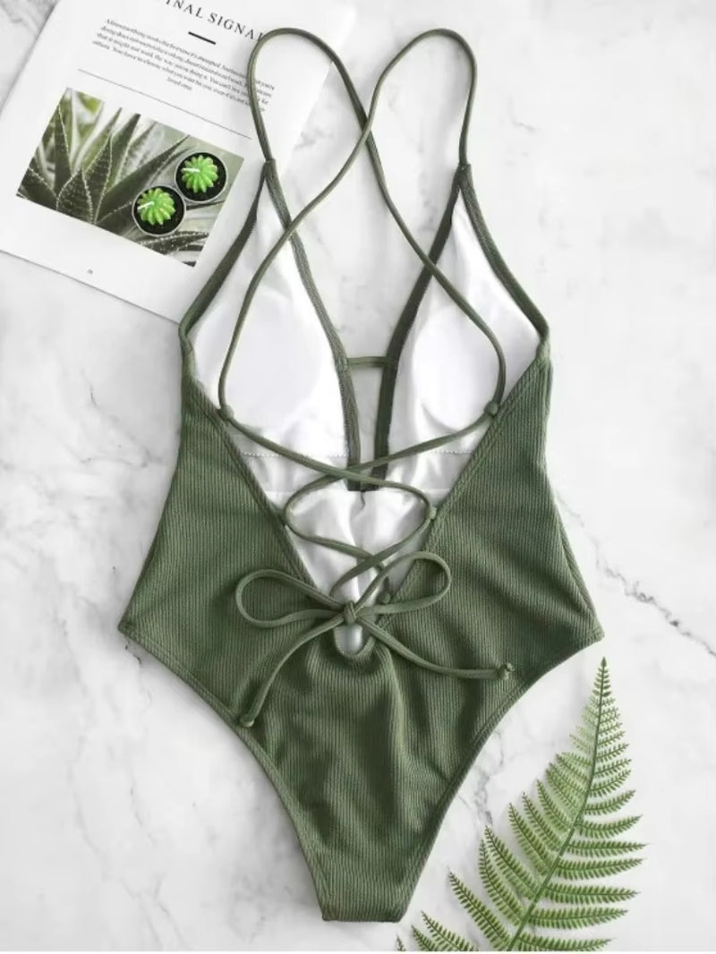 Swimwear Women Front Tie Push up Padded One Piece Swimsuit Deep V Neck Bathers Bathing Suit Backless Swimming Suit Monokini