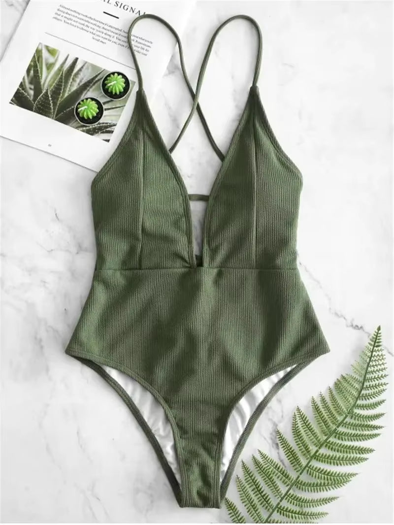 Swimwear Women Front Tie Push up Padded One Piece Swimsuit Deep V Neck Bathers Bathing Suit Backless Swimming Suit Monokini