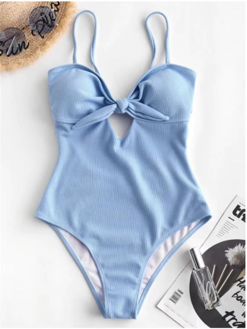 Swimwear Women Front Tie Push up Padded One Piece Swimsuit Deep V Neck Bathers Bathing Suit Backless Swimming Suit Monokini