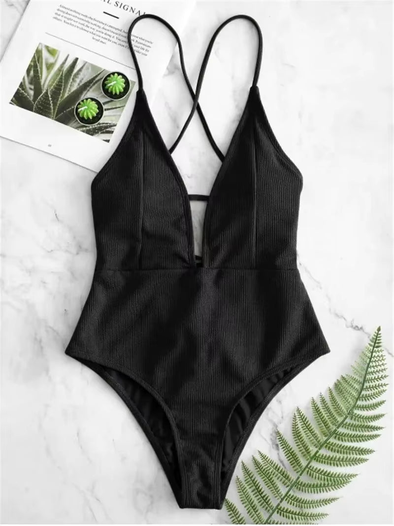 Swimwear Women Front Tie Push up Padded One Piece Swimsuit Deep V Neck Bathers Bathing Suit Backless Swimming Suit Monokini