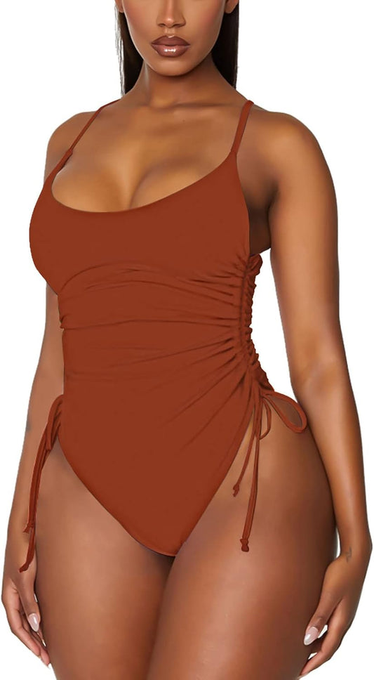 Women'S Ruched Drawstring One Piece Swimsuit Tummy Control Bathing Suit Burnt Orange X-Large